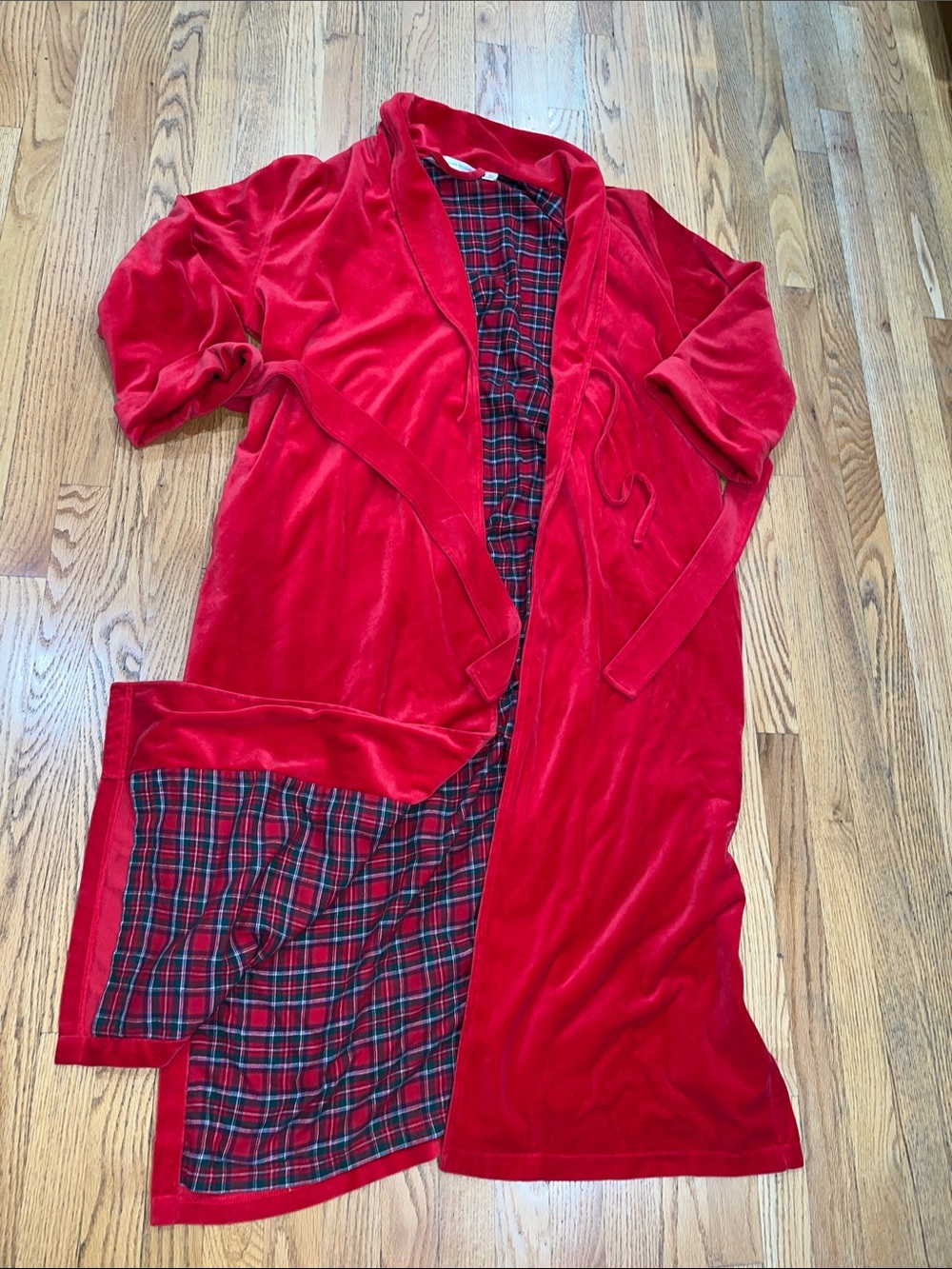 Vtg VICTORIA’S SECRET Red Velour Robe Plaid Flannel Lining M/L Full Length
